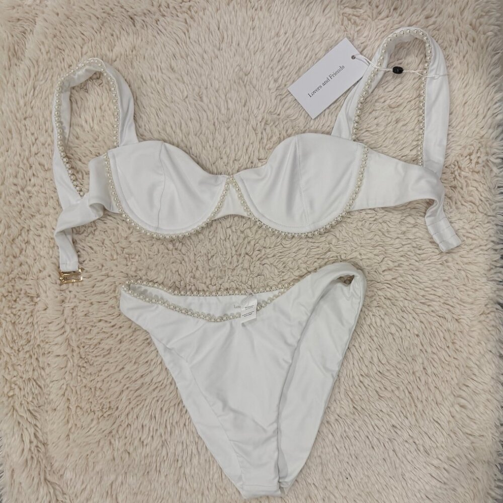 White Bikini with Pearl trim - Lovers and Friends, Size Small